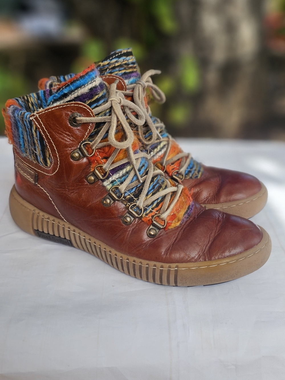 Josef Seibel Maren 6 Brown Leather Lace-Up Boots with Multicolor Knit Collar